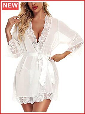 Women Lace Kimono Robe Babydoll Chemise Bride Wedding Lingerie